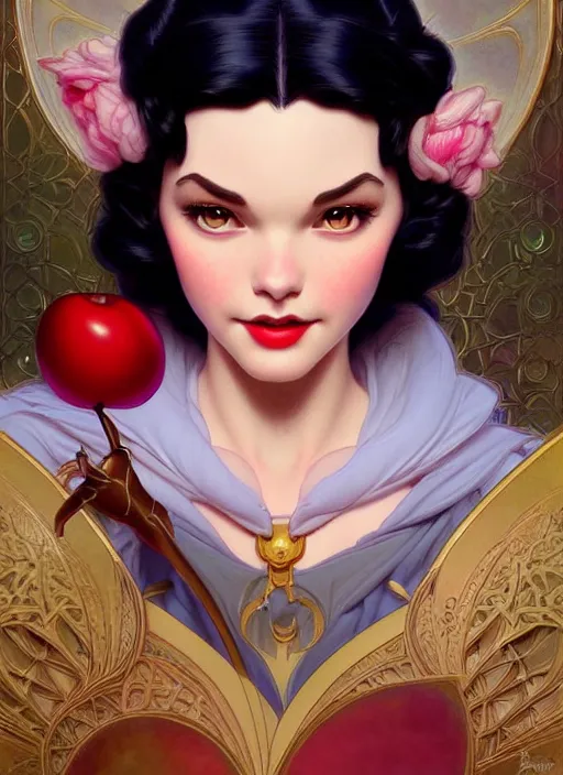 Image similar to portrait of disney snow white, intricate, elegant, highly detailed, my rendition, digital painting, artstation, concept art, smooth, sharp focus, illustration, art by artgerm and greg rutkowski and alphonse mucha and uang guangjian and gil elvgren and sachin teng, symmetry!!