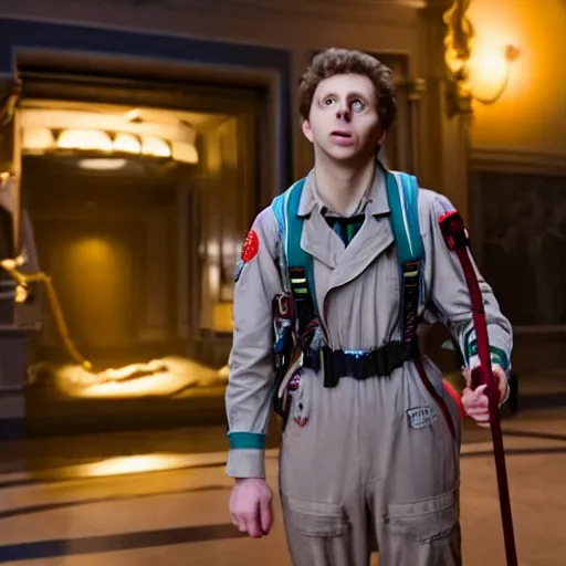 Prompt: Michael Cera as a Ghostbuster in the movie Ghostbusters movie still 8k hdr
