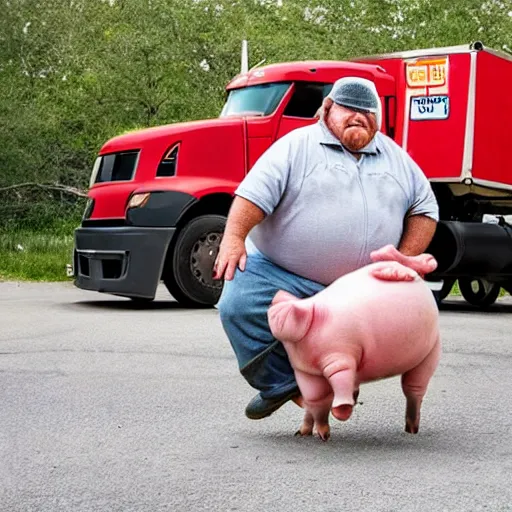 Image similar to photo of : a tough old fat trucker has a small piglet between his legs and he is twisting the piglet, in front of his semi - truck.