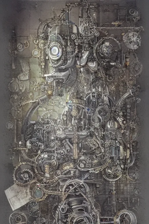 Prompt: a full page concept designs of a robotic device, steampunk blueprint, intricate details, ink on paper, scientific, Highly detailed labeled, poster, peter mohrbacher