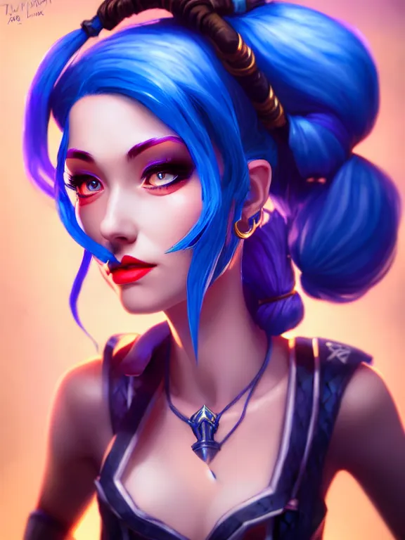 Image similar to a League of Legends FAN ART Portrait of JINX The Loose Cannon, blue hair, long pigtail, intricate, elegant, highly detailed, digital painting, concept art, smooth, sharp focus, illustration,artstation,deviantart,Unreal Engine,face enhance,8K,golden ratio,cinematic lighting