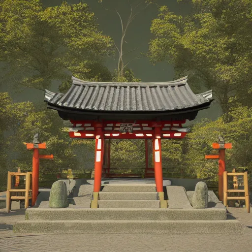 Image similar to an isometric 3 d render of a shinto shrine in the forest, isometric, octane render, unreal engine