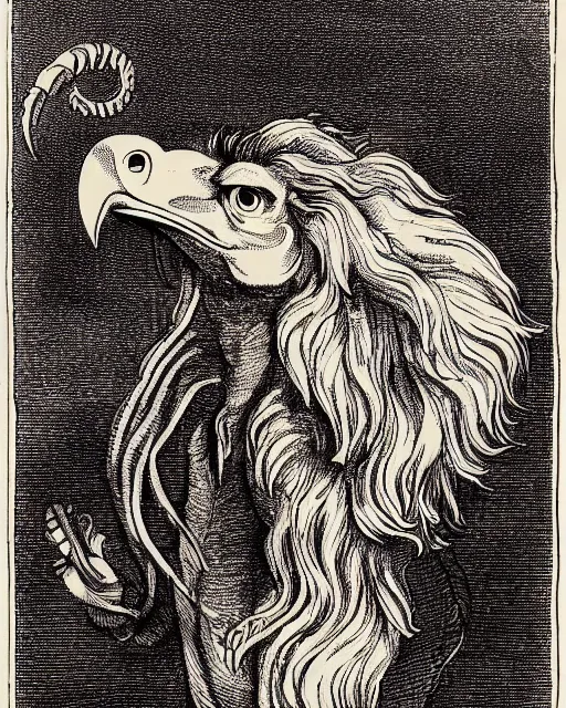 Image similar to a creature with the body and eyes of a man, with the beak of an eagle, the mane of a lion, and the horns of an ox. drawn by francis bacon