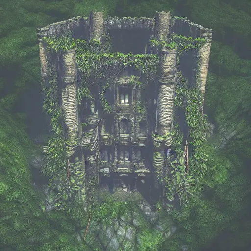 Image similar to giant ancient castle in an forest with some ivy plants on the walls, cinematic, epic, dramatic lighting from above, dark, vines, fantasy, dust, unreal engine, octane, highly detailed, concept art, dark, super realistic,