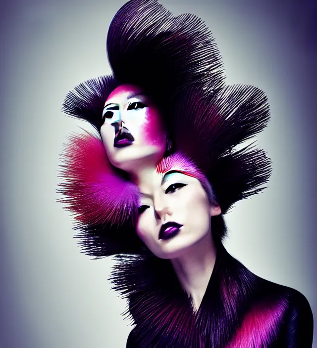 Prompt: photography portrait of stunning japanese woman with great hair style, wearing ae stunning sophisticated coat created by * iris van herpen *, with a colorfull makeup, half in shadow, natural pose, natural lighing, highly detailed, skin grain detail, photography by * paolo roversi *, lighting by * helmut newton *