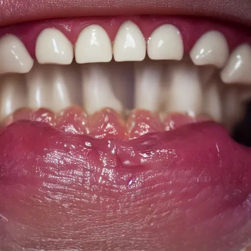 Prompt: extreme closeup of a hyperrealistic human inside mouth macro shot, hyperrealistic, extreme detail, ray tracing, octane render