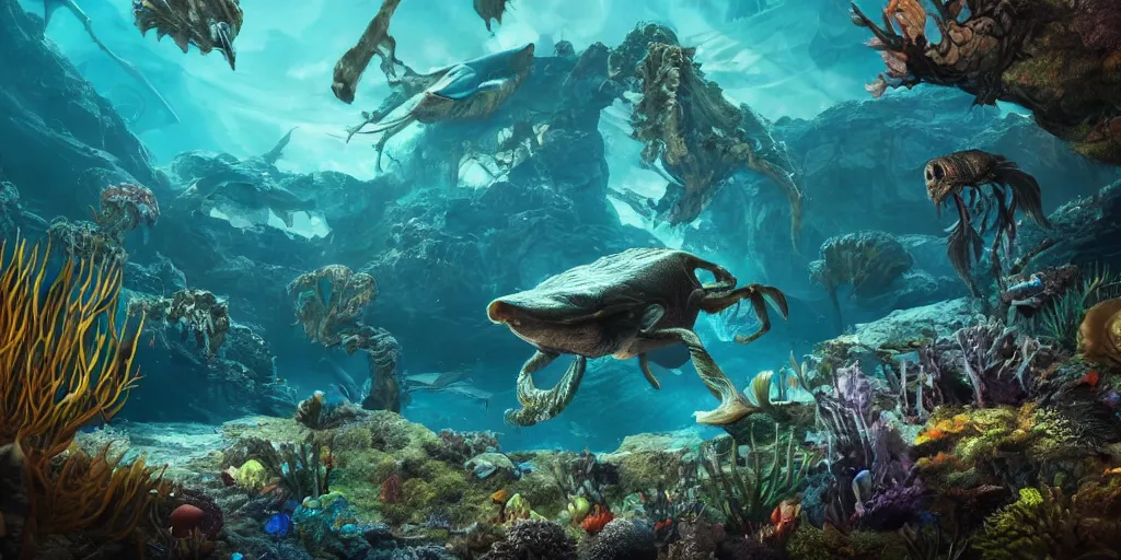 Image similar to underwater enviroment with Anoplogaster creatures, unreal 5, hyperrealistic, realistic, photorealistic, dynamic lighting, highly detailed, cinematic landscape, studio landscape, studio lighting