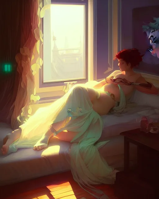 Image similar to emily rajtkowski, vaporwave, bedroom, highly detailed, digital painting, artstation, concept art, smooth, sharp focus, illustration, art by artgerm and greg rutkowski and alphonse mucha