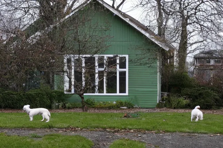 Prompt: the old lady across the street is walking her three tiny white dogs on leashes. she is sour and dour, and angry. she is looking down. she has gray hair. she is wearing a long gray cardigan and dark pants. green house in background. large norway maple tree in foreground. view through window.