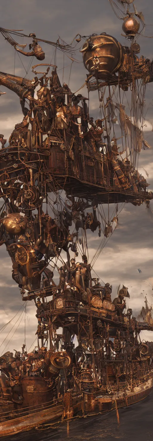 Image similar to a flying steampunk, steamboat from the 1 9 0 0 s with huge african mask on the front carrying black people across the mississippi river, bioshock infinite, detailed, behrens style, unreal 5 render, fantasy digital art, octane render, beautiful composition, trending on artstation