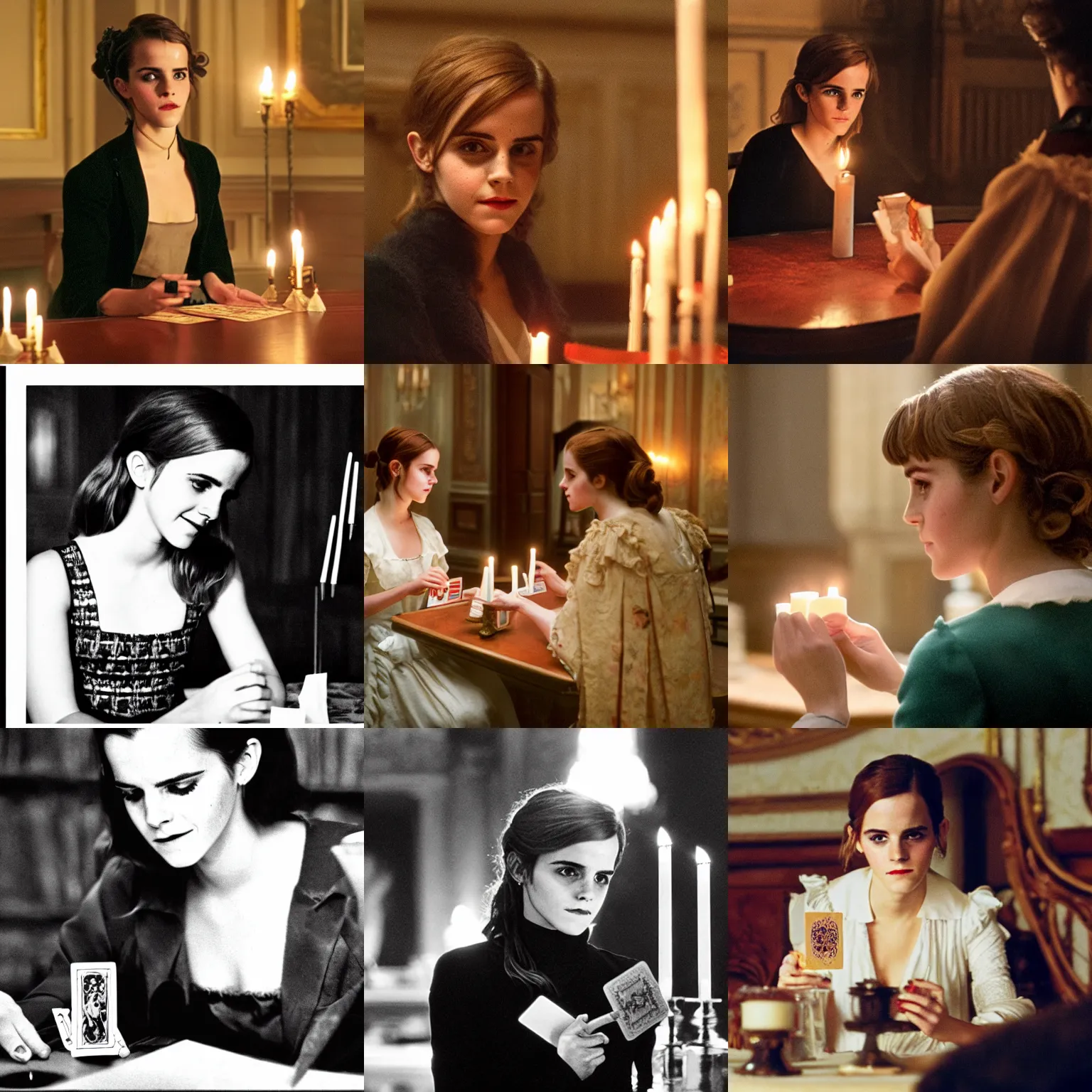 Prompt: Emma Watson playing cards in Kubrick\'s Barry Lyndon, natural candle lighting, movie still