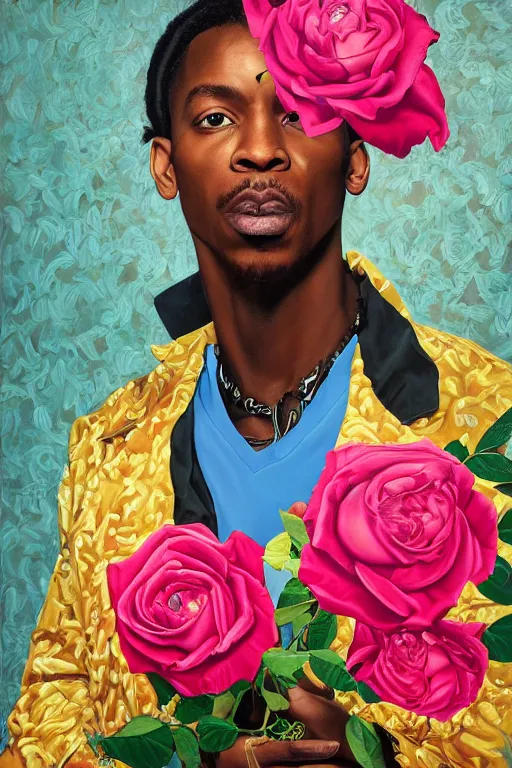 Image similar to Andre Benjamin, portrait by Kehinde Wiley!!, roses, oil paint on canvas, brushstrokes,