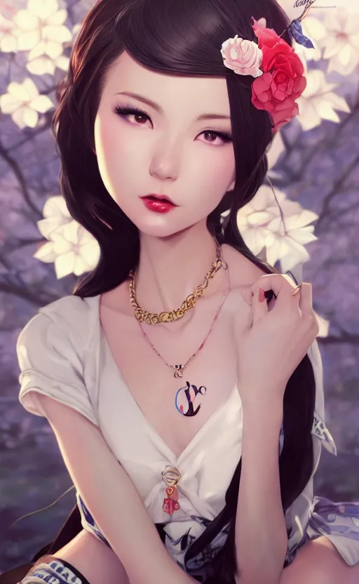 Image similar to a pin up and beautiful fashion and charming and dreamlke japan girl with lv jewelry, character art, art by artgerm lau and kyoung hwan kim and and ilya kuvshinov and john singer sargent, hyperdetailed, 8 k realistic, symmetrical, frostbite 3 engine, cryengine, dof, trending on artstation, digital art