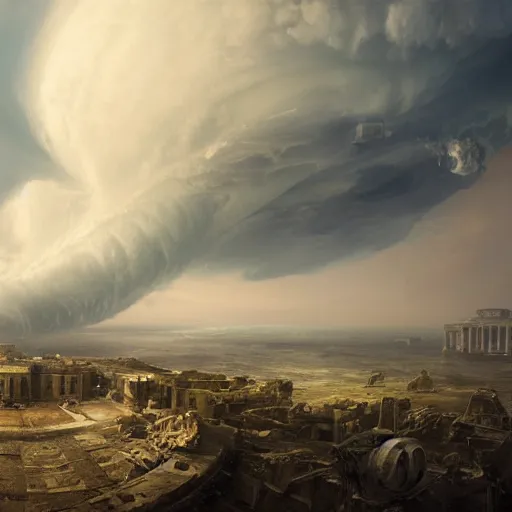 Image similar to Panorama view of a hurricane lifting the ruins of an ancient city into a sea of clouds with a gigantic snail in the background, oil painting, by Greg Rutkowski