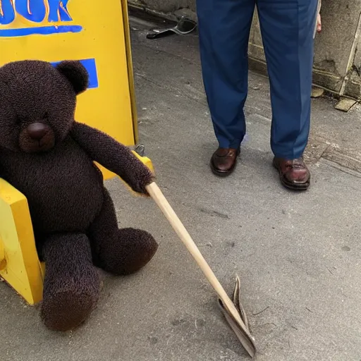 Image similar to Teddybear is standing with brush in his hand, sweating a lot while polishing shoes