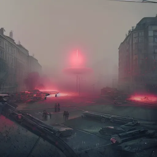 Image similar to Battle of Warsaw 2045, explosions, by Simon Stalenhag, 35mm film photography, eerie fog, imax film quality, octane render 8k trending on Artstation