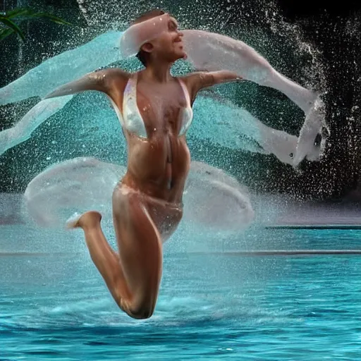 Prompt: a human water dancing, water style, hyperrealistic, hyper detail, full body shot