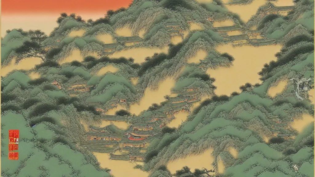 Prompt: beautiful han dynasty landscape scenery by miyazaki, anime poster, cel shaded