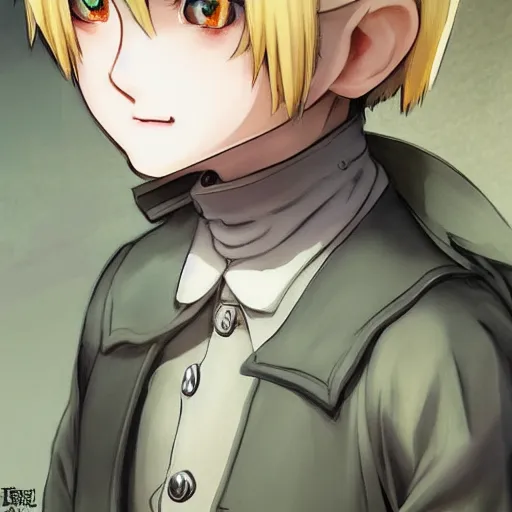 Image similar to beautiful little blonde boy in nazi uniform. made in abyss art style, inspired by kris from deltarrune, cute detailed artwork, anatomically correct, soft details, ilya kuvshinov, reflection, perfect composition, portrait, illumination, digital art, detailed anime soft face, symmetrical face, western comic, illustration, realistic, nazism