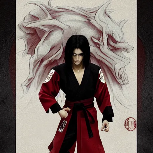 Image similar to demon martial artist, handsome japanese demon boy, young adult yokai with long spiky black hair, vampire, vantablack gi, simple clothes, red eyes, ultra realistic, intricate details, highly detailed, subsurface scattering, photorealistic, octane render, 8 k, art by artgerm, greg rutkowski, magali villeneuve, alphonse mucha