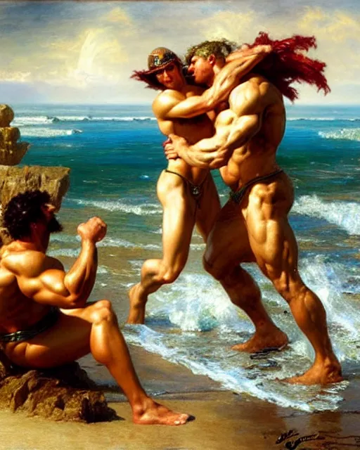 Image similar to muscular god neptune and muscular poseidon frolicking on the shore, painting by gaston bussiere, craig mullins, j. c. leyendecker,