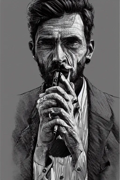 Prompt: hyperdetailed portrait of a man enjoying a cigarette, by nicholas delort, artstation, smooth, graphic black and white. intricate, elegant, central composition, golden ratio,