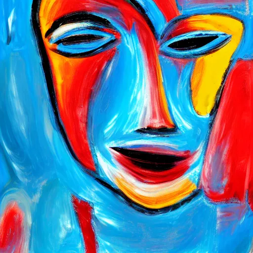 Image similar to chaotic abstract expressionism painting of a face, blue color palette,