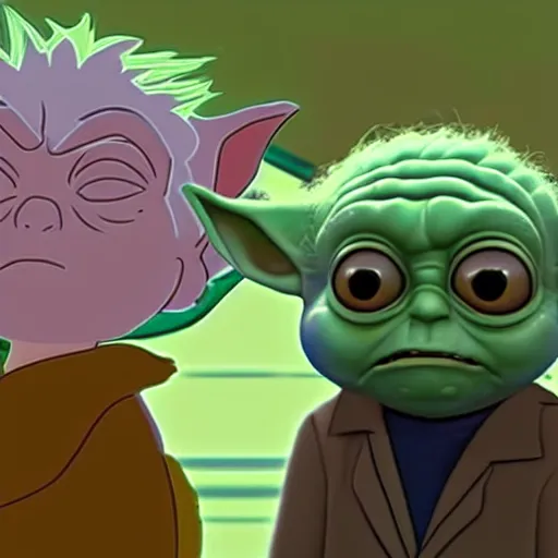 Prompt: Baby Yoda and Rick Sanchez meet in Rick and morty together digital art 4k detailed super realistic