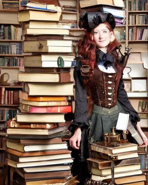 Image similar to a steampunk female maid holding a stack of books, standing in a steampunk reading room, bookshelf.