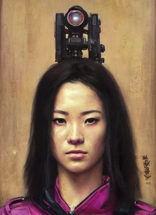 Prompt: Nikki tanaka. beautiful cyberpunk female USN marine wearing a military vest and a black and pink tactical jumpsuit (cyberpunk 2077, bladerunner 2049). gorgeous face. Iranian orientalist portrait by john william waterhouse and Edwin Longsden Long and Theodore Ralli and Nasreddine Dinet, oil on canvas. Cinematic, hyper realism, realistic proportions, dramatic lighting, high detail 4k