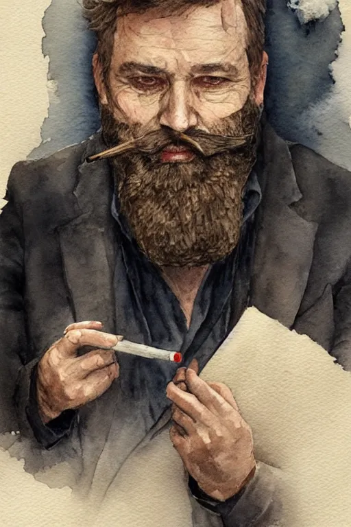 Prompt: portrait of a middle - aged writer with a beard, he is smoking a cigarette, watercolor style of greg rutkowski