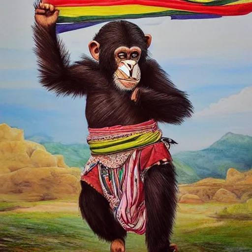 Image similar to beautiful painting by sophie anderson of a chimpanzee wearing traditional men kurdish clothes baggy pants and white shirt with a large sash tied around the waist in a kurdish village, award winning art, insanely detailed, bright colors, global illumination, cute, young, stunning