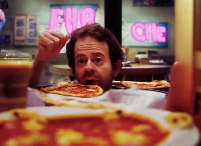 Prompt: portrait of charlie kaufman eating pizza at chuck - e - cheese with sloppy cheesy sauce getting slopped up all over the place, dramatic lighting, moody film still from being john malkovich ( 2 0 1 0 ), 3 5 mm kodak color stock, 2 4 mm lens, directed by spike jonze, ecktochrome