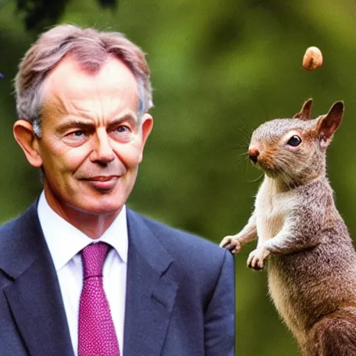 Prompt: naturoist Tony Blair with his mouth full of squirrels and smeared with dogs