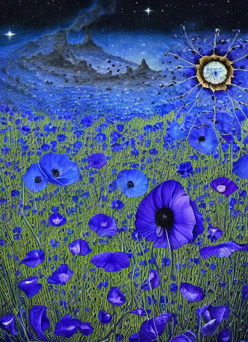 Image similar to detailed, intricate blue black and purple papaverum flower on the field, nebula, galaxy in the sky, winning award masterpiece, fantastically beautiful, illustration, aestheticly inspired, jacek yerka, upscale with anguissola sofonisba work, artstation, 8 k