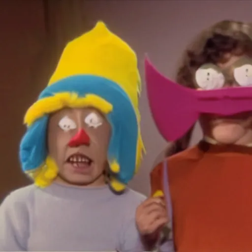 Image similar to Still from a children's television show about people dressed as nostrils, 1980