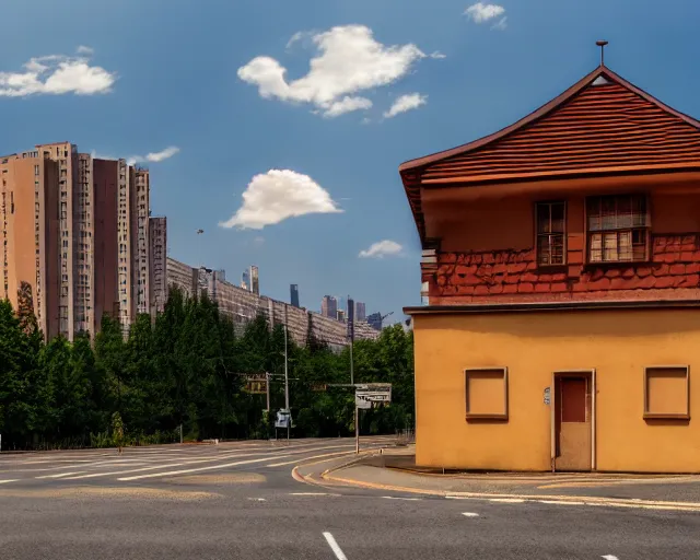 Image similar to a tall building with a brown roof next to a road, a matte painting by zlatyu boyadzhiev, unsplash, new objectivity, hdr, photo taken with provia, photo taken with ektachrome