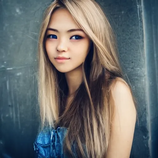 Image similar to girlfriend European mixed with Asian beautiful gorgeous, cute dazzling eyes, shy, blonde hair, wearing camisoles