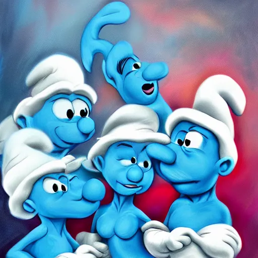 Prompt: a beautiful rendition of the smurfs, digital painting, oil on canvas