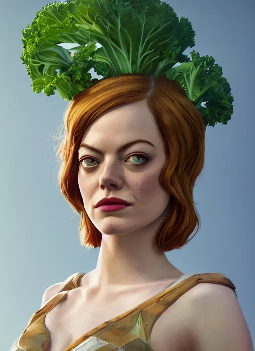 Image similar to portrait of emma stone as kale!! biohazard bioshock, au naturel, hyper detailed, digital art, trending in artstation, cinematic lighting, studio quality, smooth render, unreal engine 5 rendered, octane rendered, art style by klimt and nixeu and ian sprigger and wlop and krenz cushart