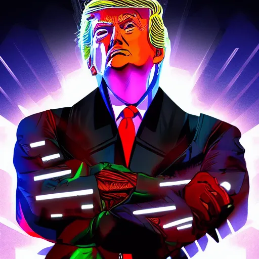 Prompt: cyberpunk donald trump, sharp lines, digital, artstation, colored in