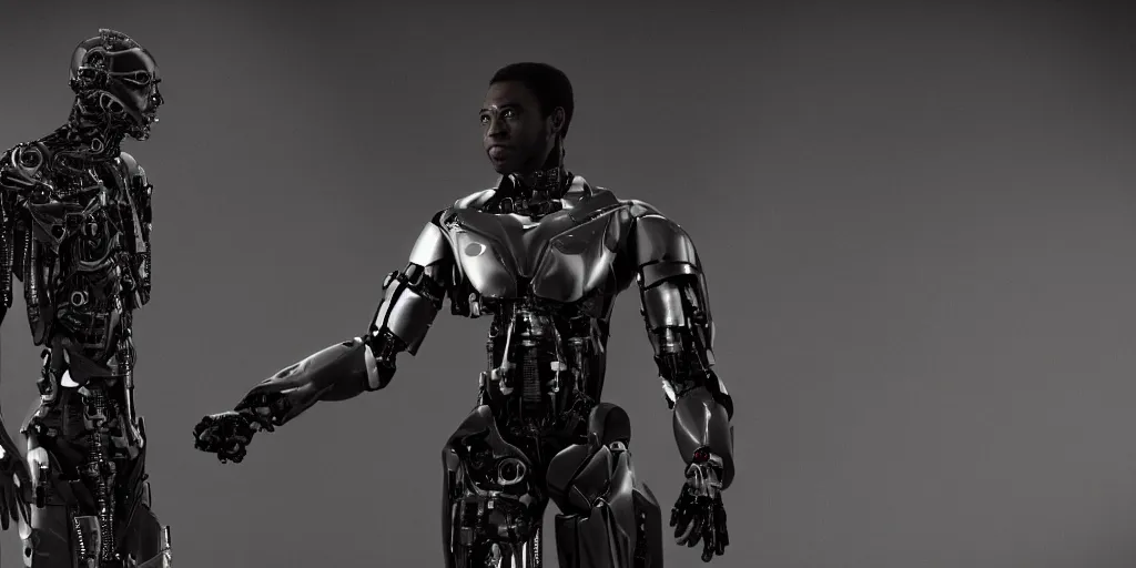 Image similar to a science fiction film still of a black man starring as a cyborg, award winning cgi, vfx, surrealism, film photography