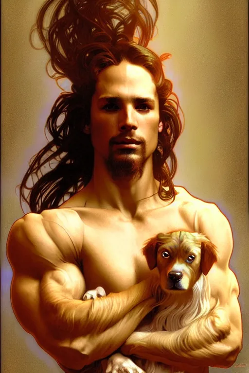 Prompt: portrait of dog as god by greg ruthkowski, alphonse mucha and craig mullins, gorgeous, amazing, flowing hair, muscular, very muscular male body, intricate, highly detailed, 8 k, digital painting