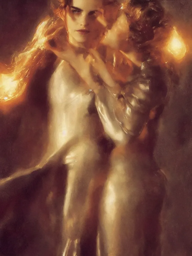 Image similar to close up of emma watson in full leather armor, cinematographic shot, by delphin enjolras and daniel f. gerhartz