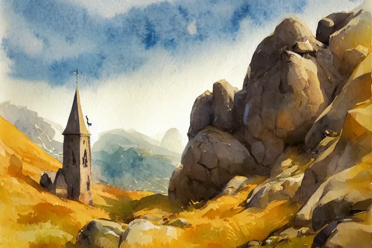 Image similar to small centered on watercolor paper, paint brush strokes, abstract watercolor painting of traditional scandinavian stone church, rough rock, medieval chapel at dawn, cinematic light, national romanticism by hans dahl, by jesper ejsing, by anders zorn, by greg rutkowski, by greg manchess, by tyler edlin