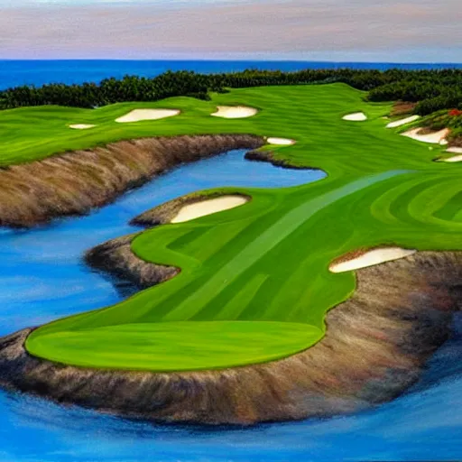 Prompt: painting of a golf course on the ocean with a partly cloudy blue sky