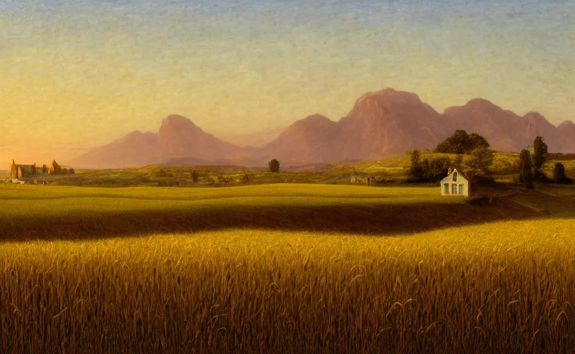 Image similar to wheat field with a cottage in the distance, close up shot, rocky, at dusk, distant mountains, 4k, rule of thirds, extreme detail, hazy, intricate ink illustration, surreal, surrealist, trending on artstation, cgsociety, hd, calm, complimentary colours, realistic lighting, by Albert Bierstadt, Frederic Edwin Church.