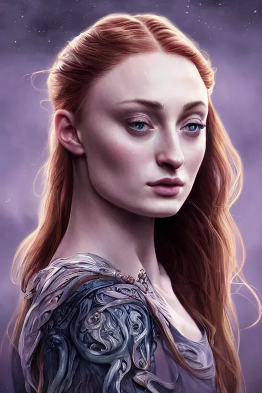 Prompt: Sophie Turner with a ponytail, anatomy, cute, fantasy, intricate, elegant, highly detailed, digital painting, 4k, HDR, concept art, smooth, sharp focus, illustration, art by artgerm and H R Giger and alphonse mucha