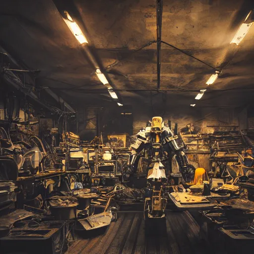 Image similar to cutlery mecha, dark messy smoke - filled cluttered workshop, dark, dramatic lighting, orange tint, cinematic, highly detailed, sci - fi, futuristic, movie still