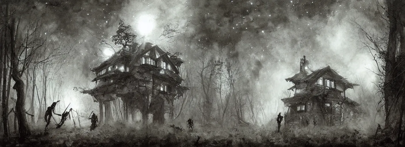 Prompt: house in the wood, around crowd of people with swords, lances and fireballs fighting against black cosmic werewolves jumping from portal from another universe, portal looks like a mirror in the sky full of stars, a lot of tears and fear of dying, epic scene, endless war, inspire by william blake, andrei tarkovsky, artwork by jakub rozalski, analogue photo quality, blur, unfocus, 35mm, lomography, noise effect, cinematic, monochrome, high contrast, like in museum, details, classical painting, old school photorealism, outlines, bright colors
